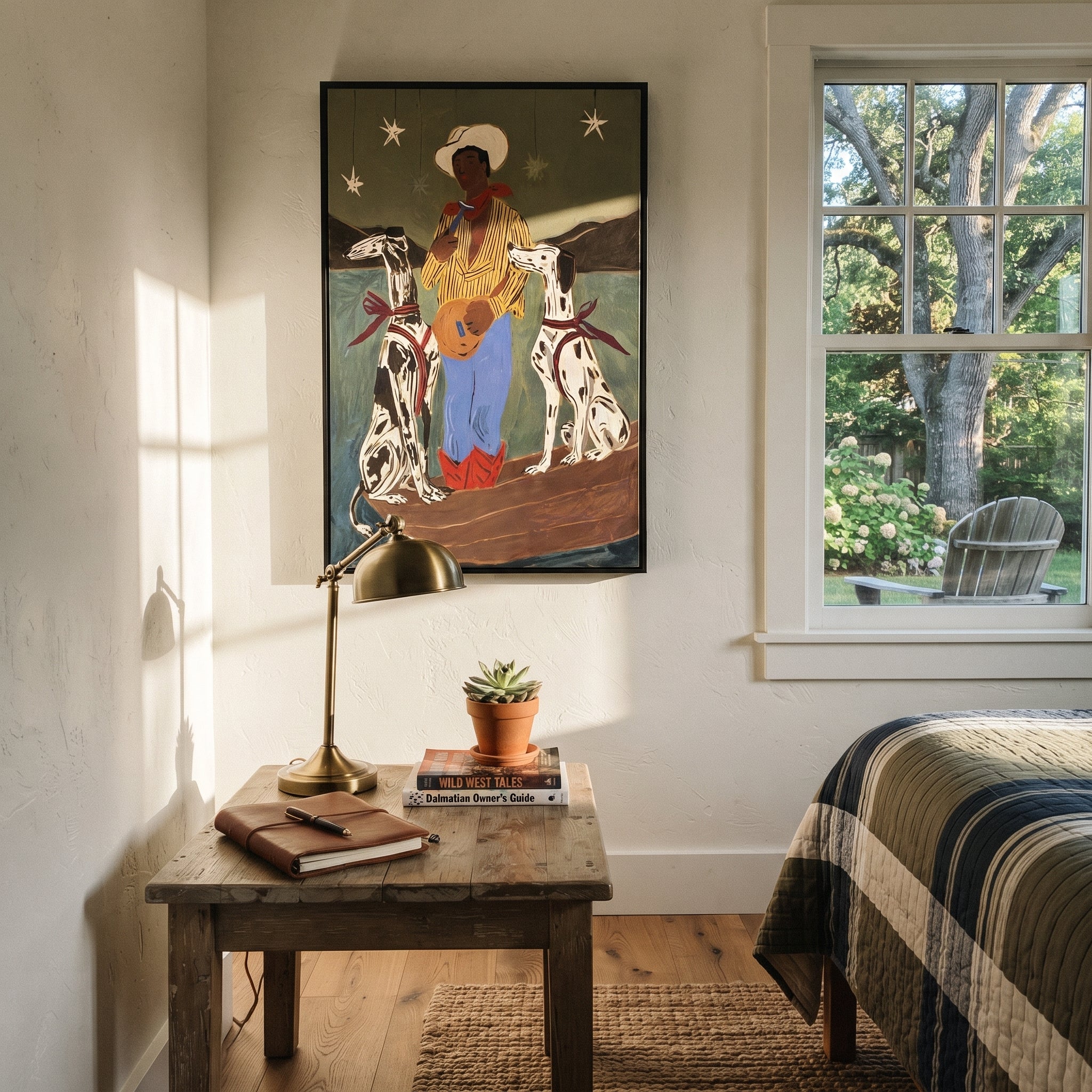 Two Hounds Guard Starlight - cowboy with two dogs painting by Ethan Mercer, contemporary Western vertical wall art – styled room scene view 2