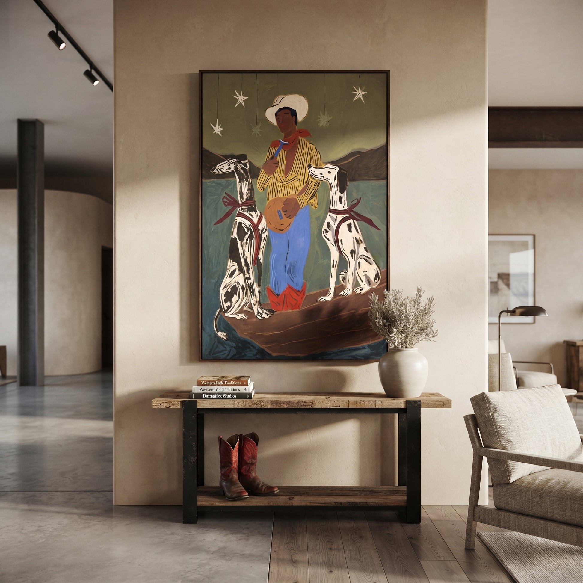 Two Hounds Guard Starlight - cowboy with two dogs painting by Ethan Mercer, contemporary Western vertical wall art – styled room scene view 3