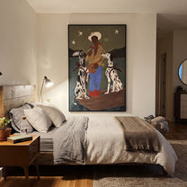 Two Hounds Guard Starlight - cowboy with two dogs painting by Ethan Mercer, contemporary Western vertical wall art – styled room scene view 4