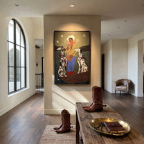Two Hounds Guard Starlight - cowboy with two dogs painting by Ethan Mercer, contemporary Western vertical wall art – styled room scene view 5
