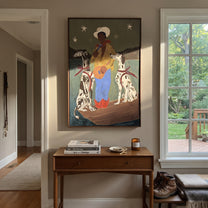 Two Hounds Guard Starlight - cowboy with two dogs painting by Ethan Mercer, contemporary Western vertical wall art – styled room scene view 6