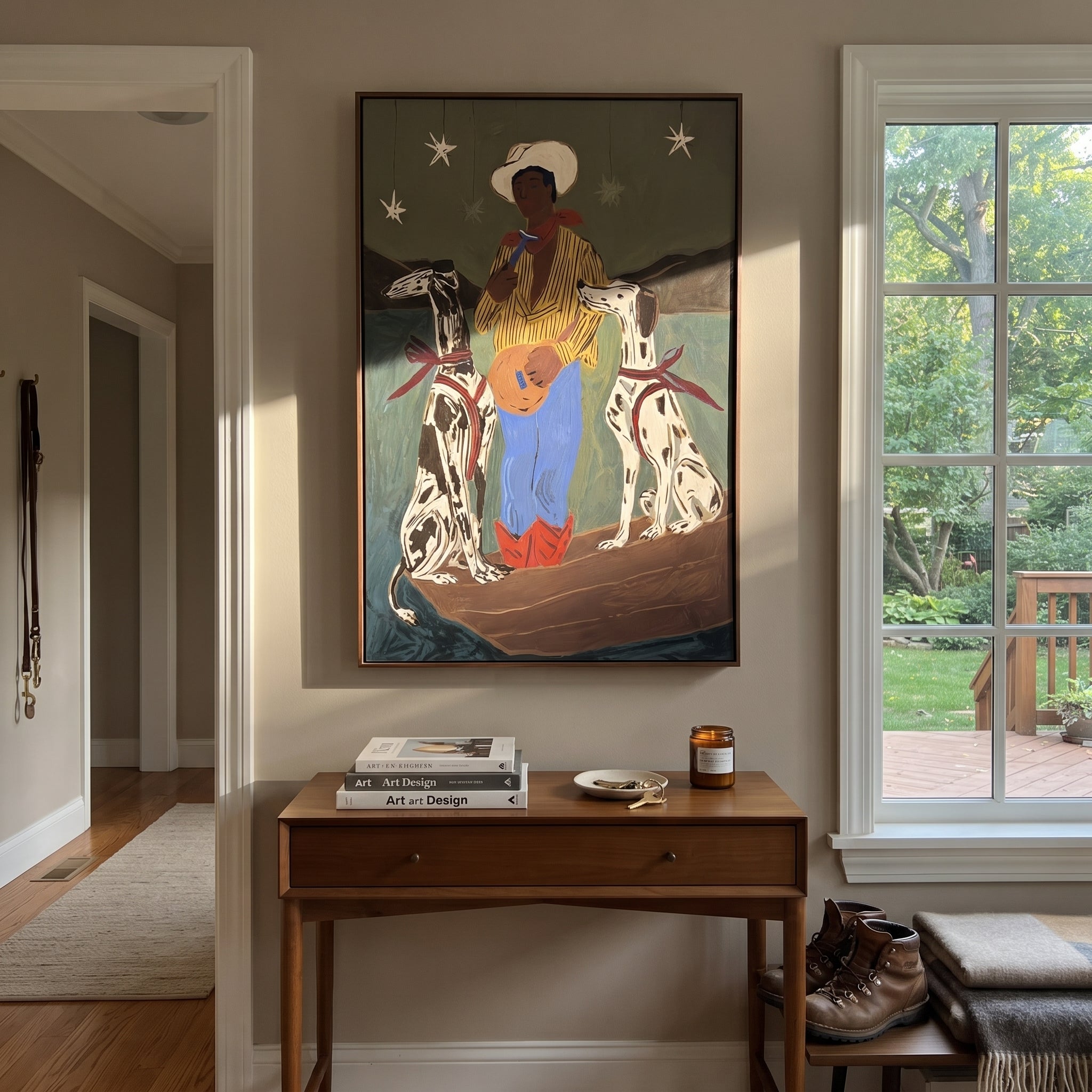 Two Hounds Guard Starlight - cowboy with two dogs painting by Ethan Mercer, contemporary Western vertical wall art – styled room scene view 6