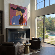 Blonde Rider Meets Shadow - cowgirl black horse portrait by Ethan Mercer, contemporary Western square wall art – styled room scene view 1