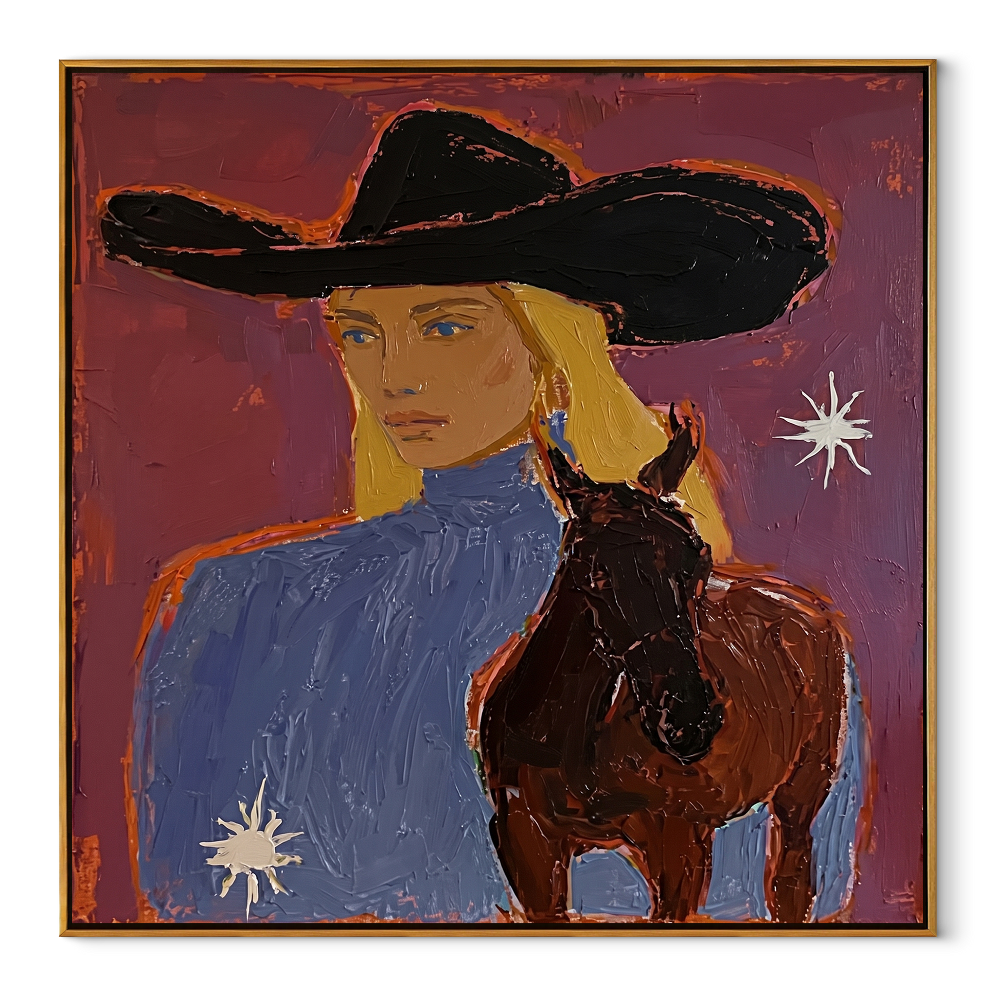Blonde Rider Meets Shadow - cowgirl black horse portrait by Ethan Mercer, contemporary Western square wall art – wood frame on white background