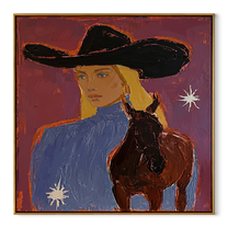 Blonde Rider Meets Shadow - cowgirl black horse portrait by Ethan Mercer, contemporary Western square wall art – wood frame on white background