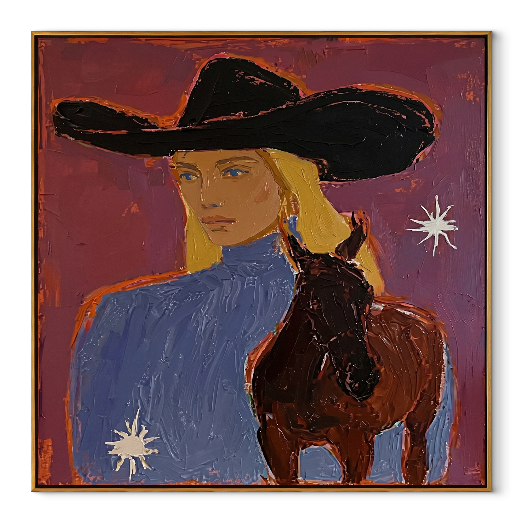 Blonde Rider Meets Shadow - cowgirl black horse portrait by Ethan Mercer, contemporary Western square wall art – wood frame on white background