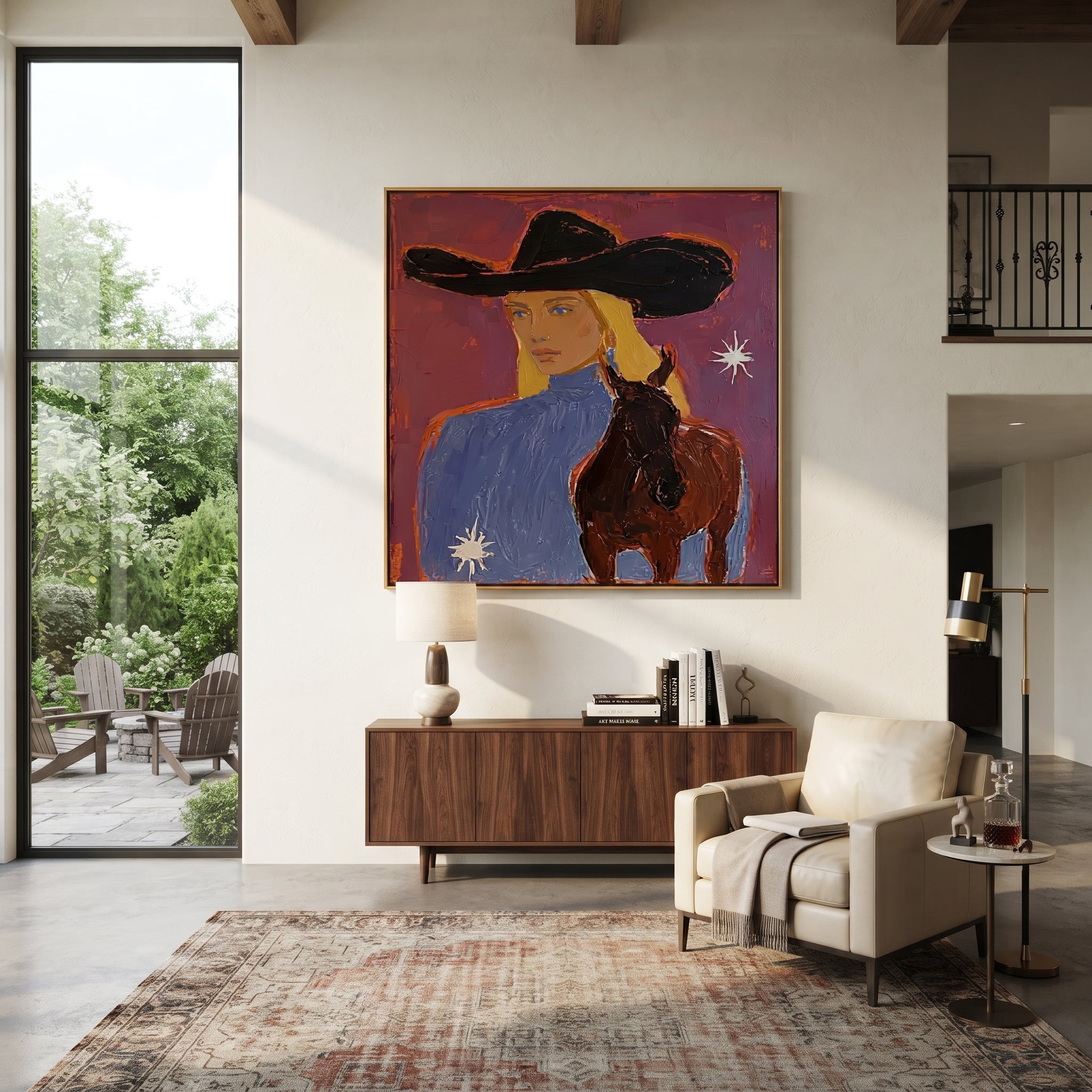 Blonde Rider Meets Shadow - cowgirl black horse portrait by Ethan Mercer, contemporary Western square wall art – styled room scene view 2