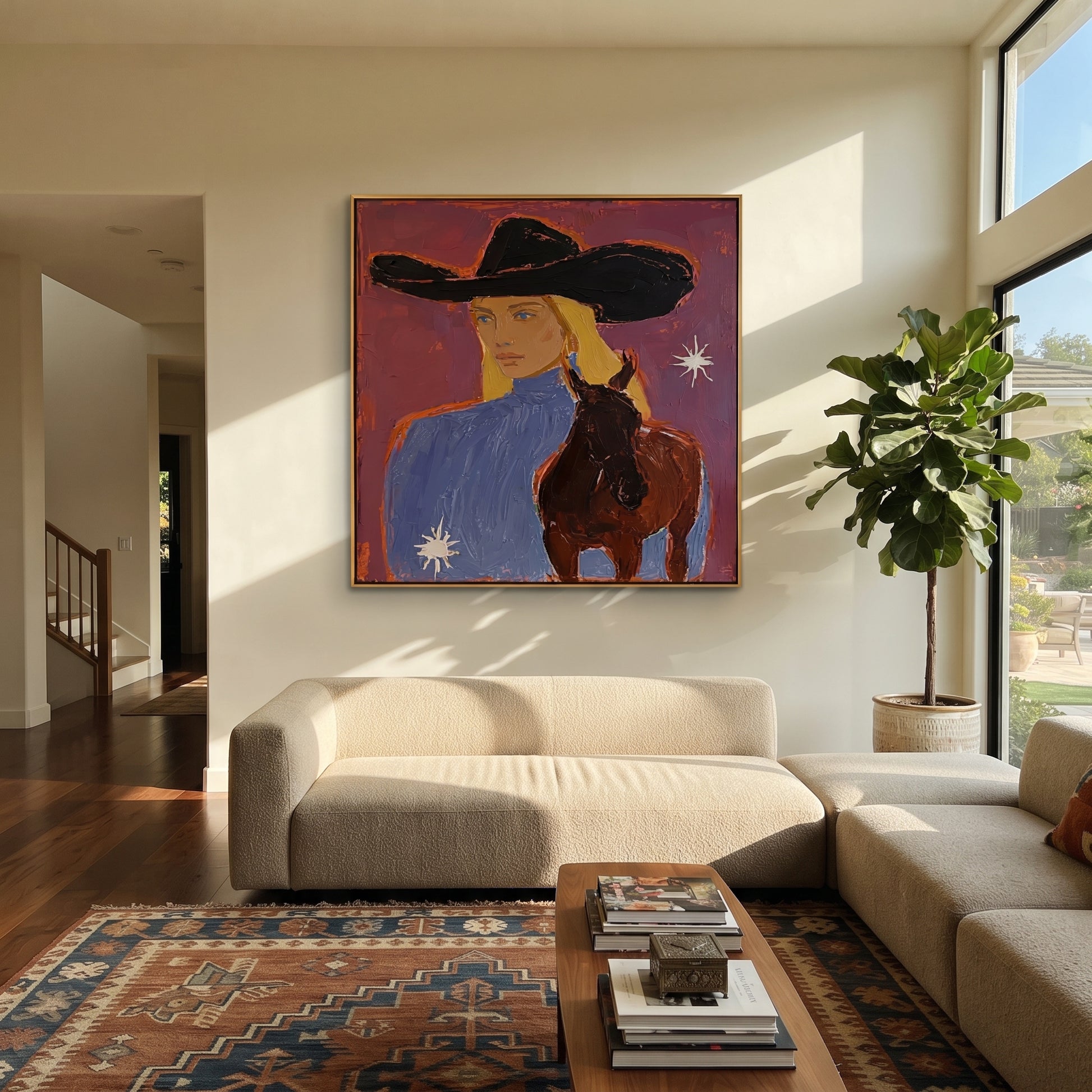 Blonde Rider Meets Shadow - cowgirl black horse portrait by Ethan Mercer, contemporary Western square wall art – styled room scene view 3