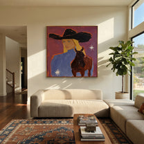 Blonde Rider Meets Shadow - cowgirl black horse portrait by Ethan Mercer, contemporary Western square wall art – styled room scene view 3