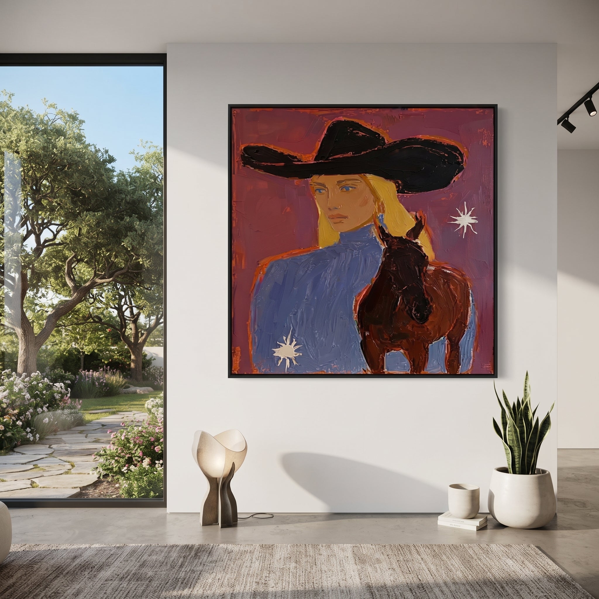 Blonde Rider Meets Shadow - cowgirl black horse portrait by Ethan Mercer, contemporary Western square wall art – styled room scene view 4