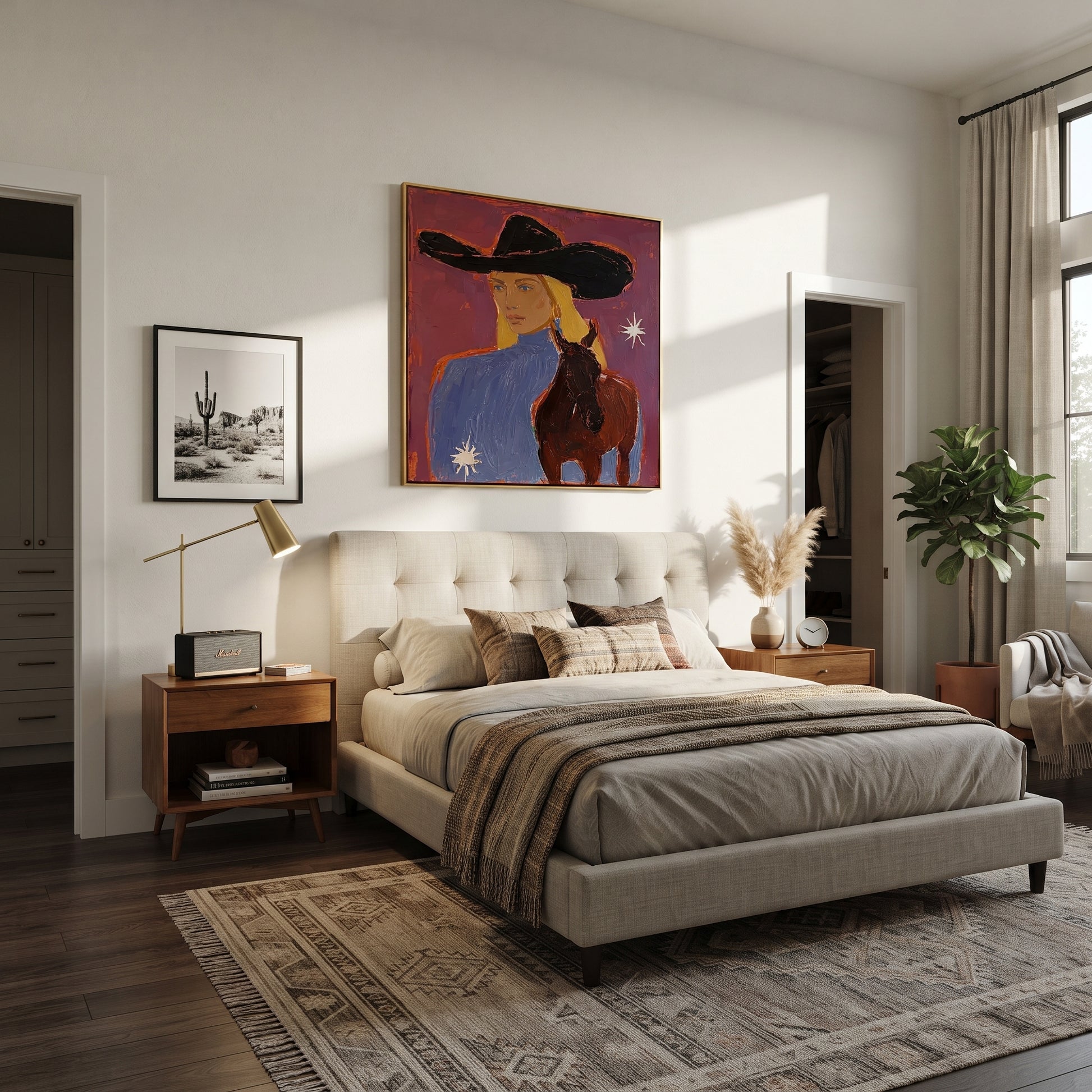 Blonde Rider Meets Shadow - cowgirl black horse portrait by Ethan Mercer, contemporary Western square wall art – styled room scene view 5