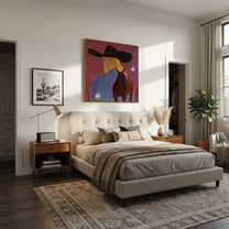 Blonde Rider Meets Shadow - cowgirl black horse portrait by Ethan Mercer, contemporary Western square wall art – styled room scene view 5