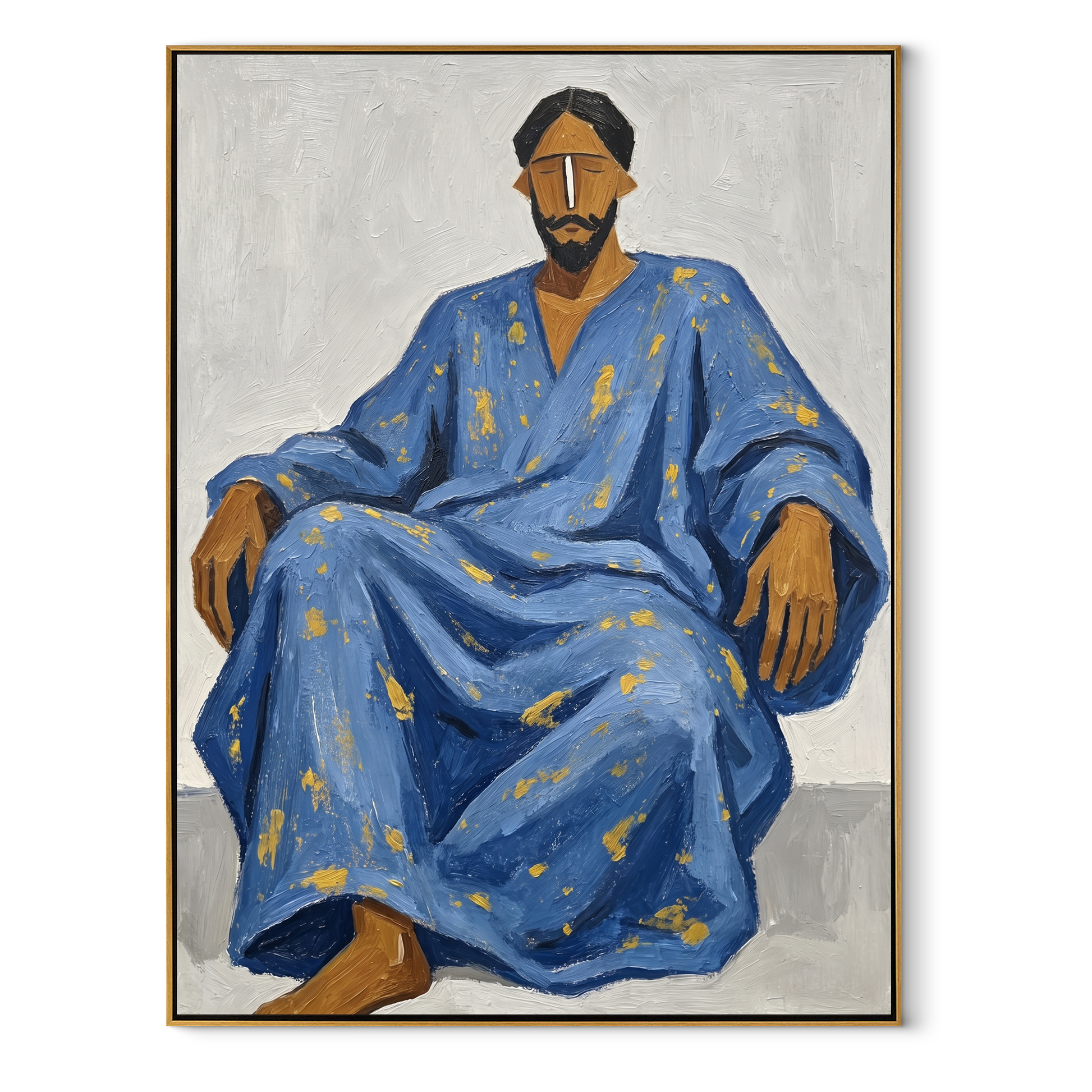 Blue Robe Holds Calm - seated man robe painting by Ethan Mercer, contemporary Western vertical wall art – wood frame on white background
