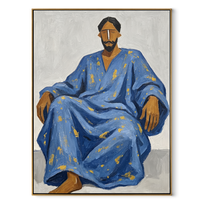 Blue Robe Holds Calm - seated man robe painting by Ethan Mercer, contemporary Western vertical wall art – wood frame on white background
