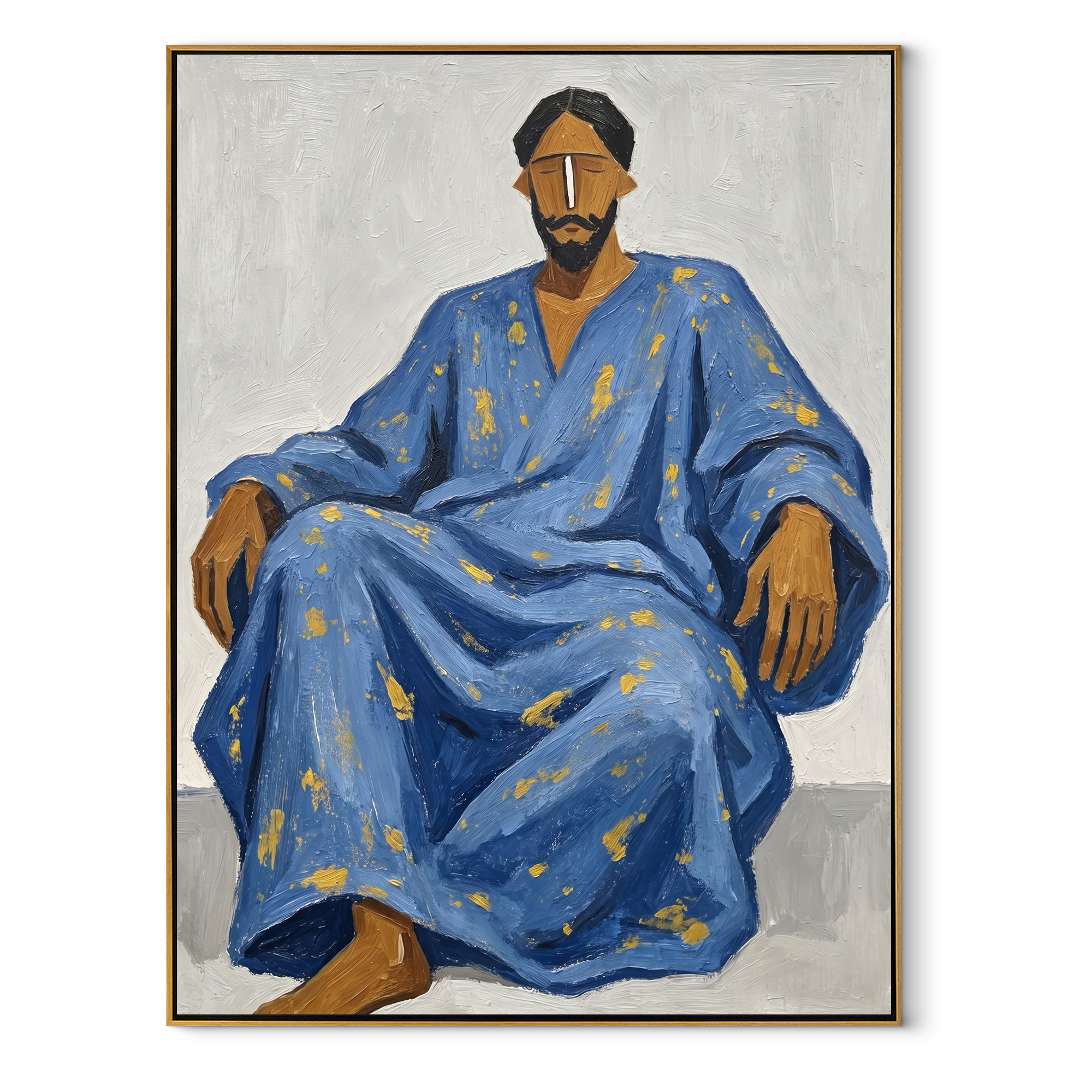 Blue Robe Holds Calm - seated man robe painting by Ethan Mercer, contemporary Western vertical wall art – wood frame on white background