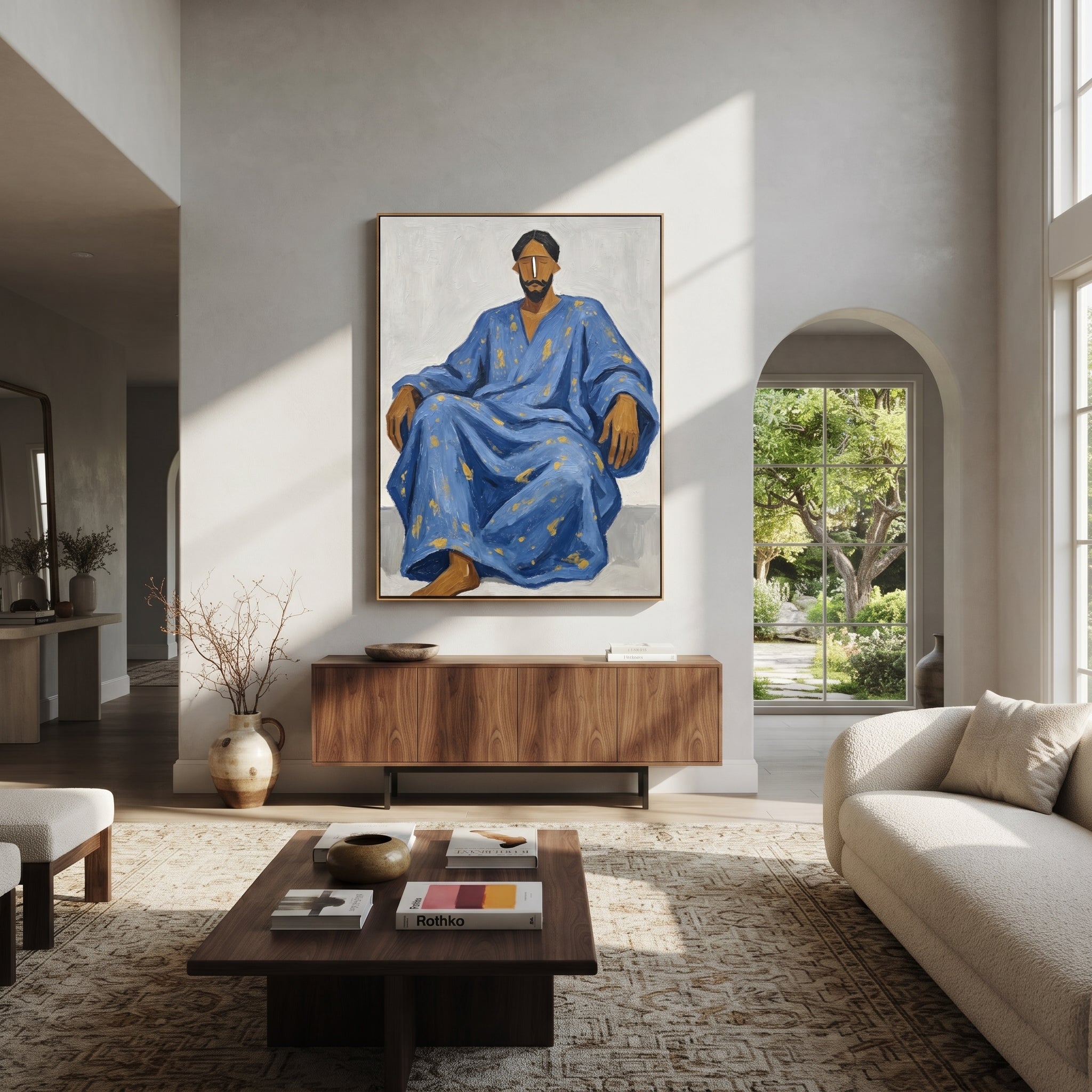 Blue Robe Holds Calm - seated man robe painting by Ethan Mercer, contemporary Western vertical wall art – styled room scene view 2