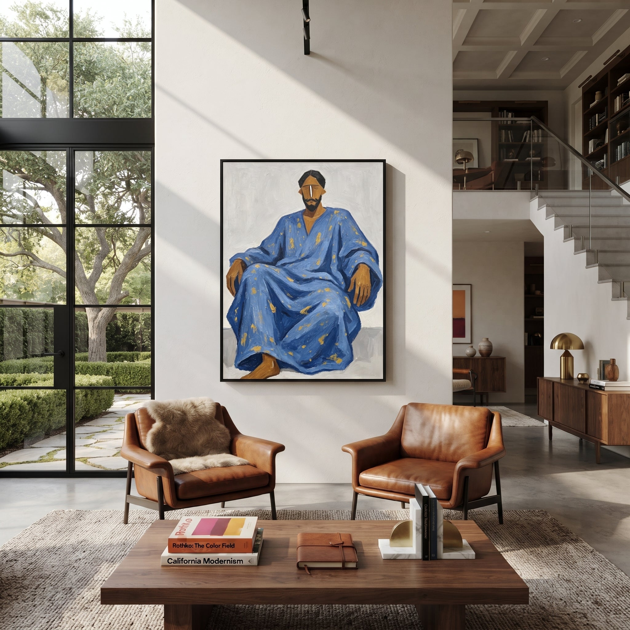 Blue Robe Holds Calm - seated man robe painting by Ethan Mercer, contemporary Western vertical wall art – styled room scene view 3
