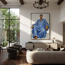 Blue Robe Holds Calm - seated man robe painting by Ethan Mercer, contemporary Western vertical wall art – styled room scene view 4