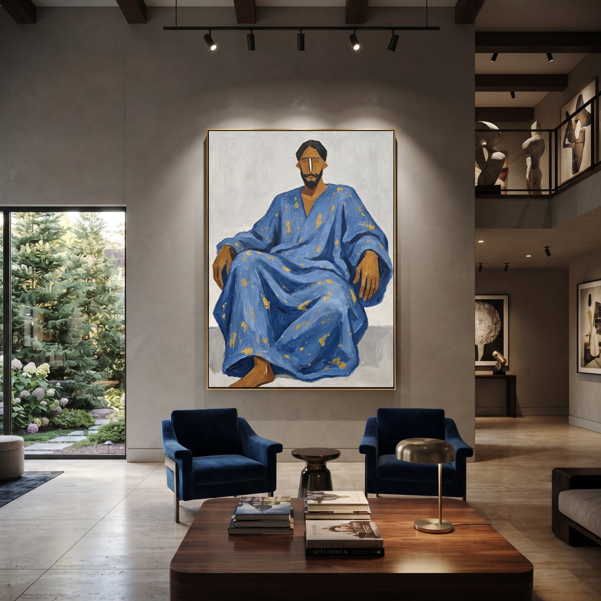 Blue Robe Holds Calm - seated man robe painting by Ethan Mercer, contemporary Western vertical wall art – styled room scene view 5