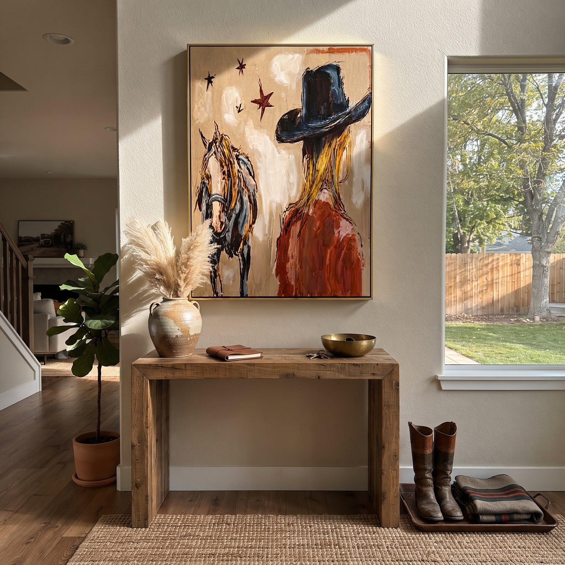 Black Brim Shelters Trust - cowgirl horse closeup painting by Ethan Mercer, contemporary Western vertical wall art – styled room scene view 1