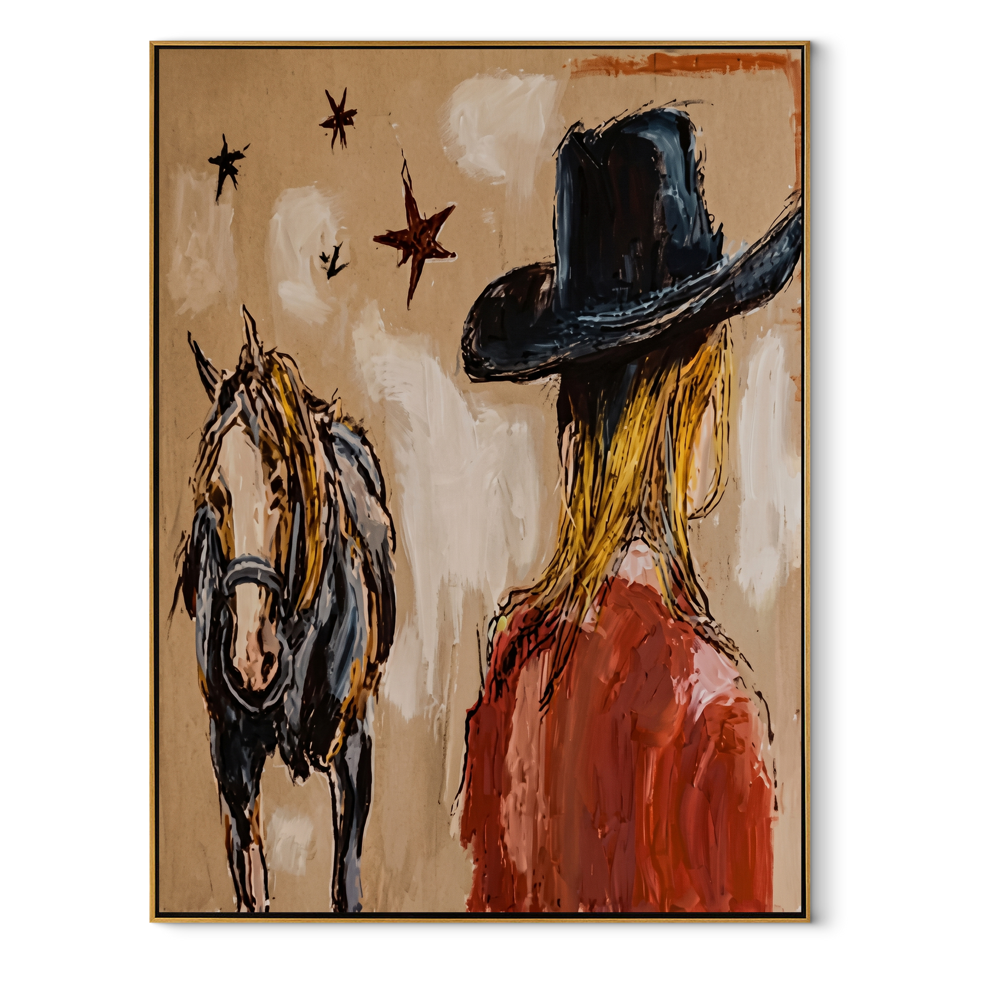 Black Brim Shelters Trust - cowgirl horse closeup painting by Ethan Mercer, contemporary Western vertical wall art – wood frame on white background