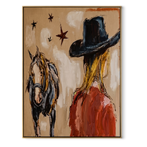Black Brim Shelters Trust - cowgirl horse closeup painting by Ethan Mercer, contemporary Western vertical wall art – wood frame on white background