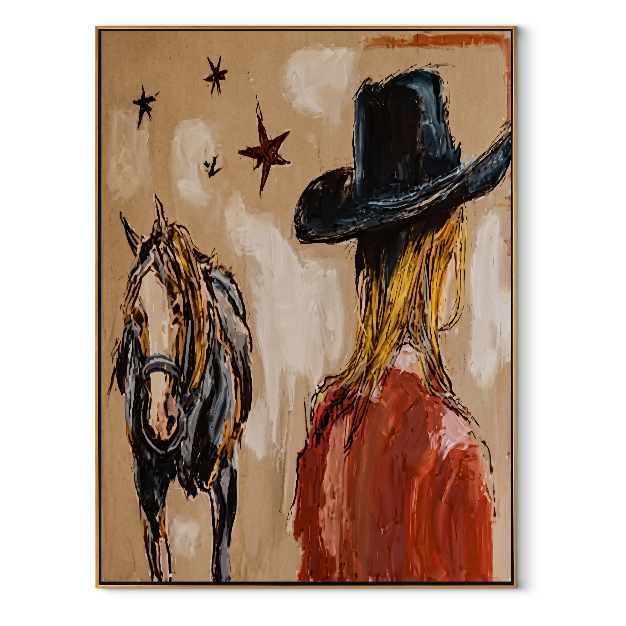 Black Brim Shelters Trust - cowgirl horse closeup painting by Ethan Mercer, contemporary Western vertical wall art – wood frame on white background