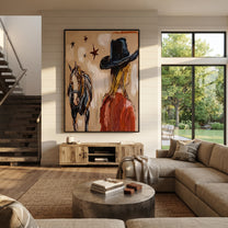 Black Brim Shelters Trust - cowgirl horse closeup painting by Ethan Mercer, contemporary Western vertical wall art – styled room scene view 2