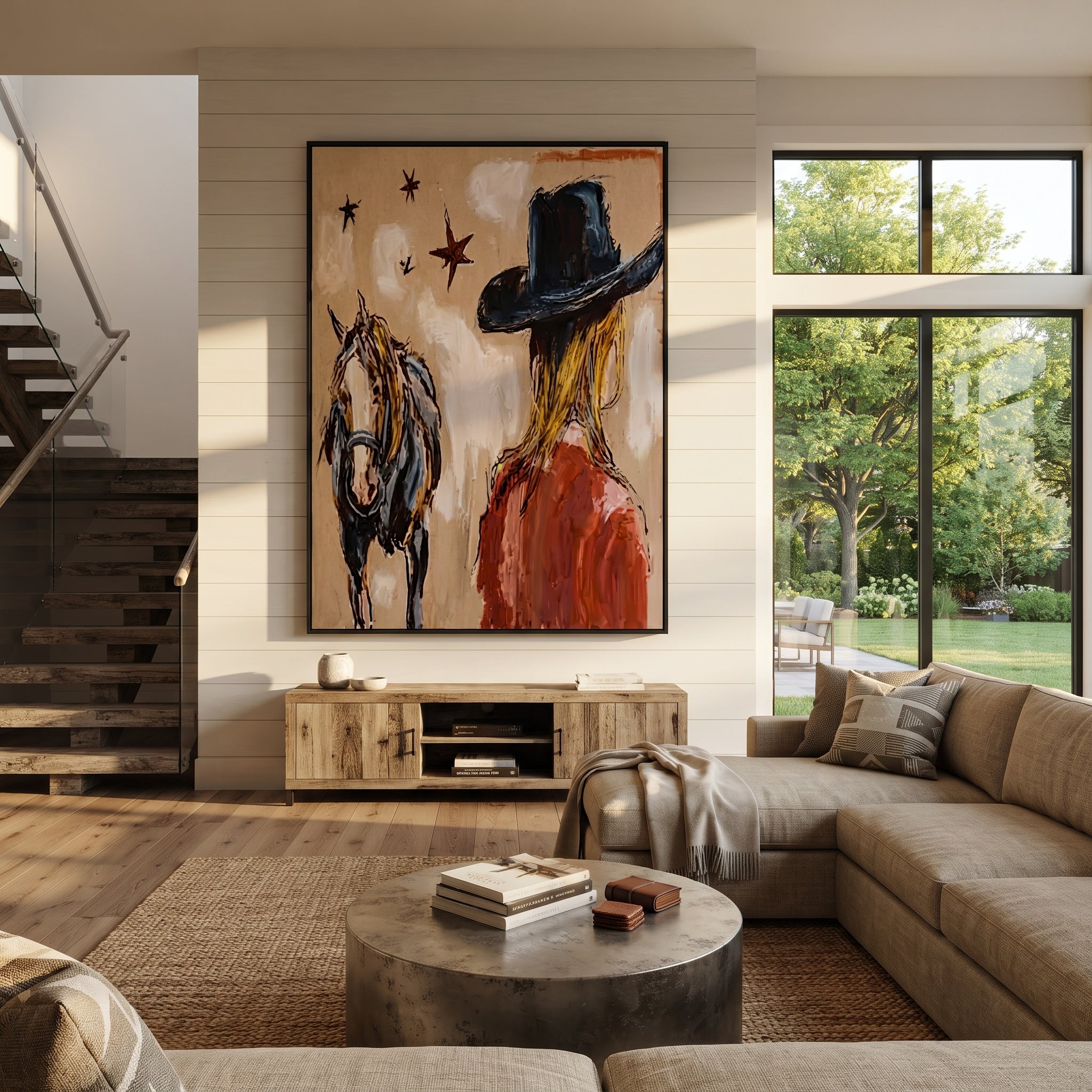 Black Brim Shelters Trust - cowgirl horse closeup painting by Ethan Mercer, contemporary Western vertical wall art – styled room scene view 2