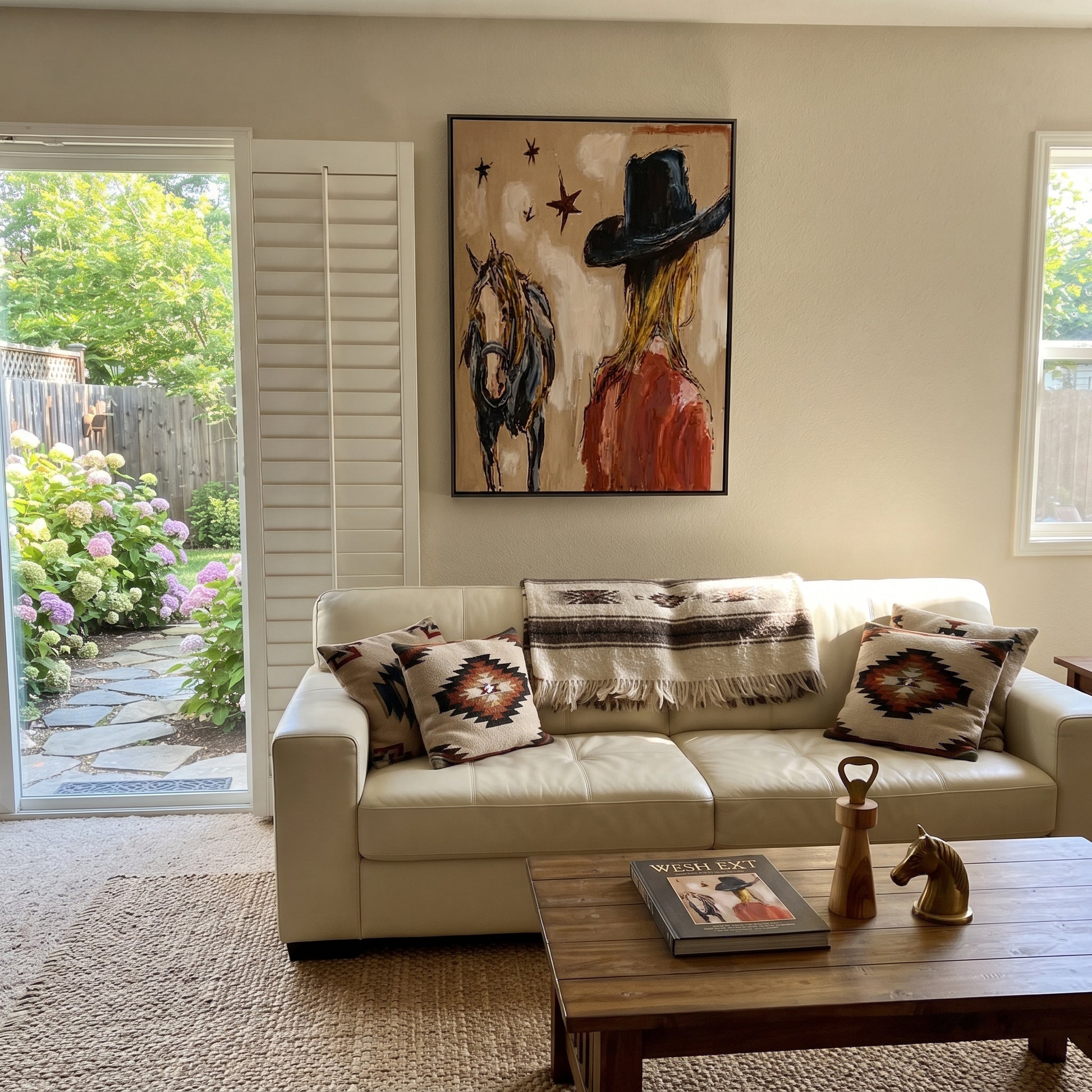 Black Brim Shelters Trust - cowgirl horse closeup painting by Ethan Mercer, contemporary Western vertical wall art – styled room scene view 4