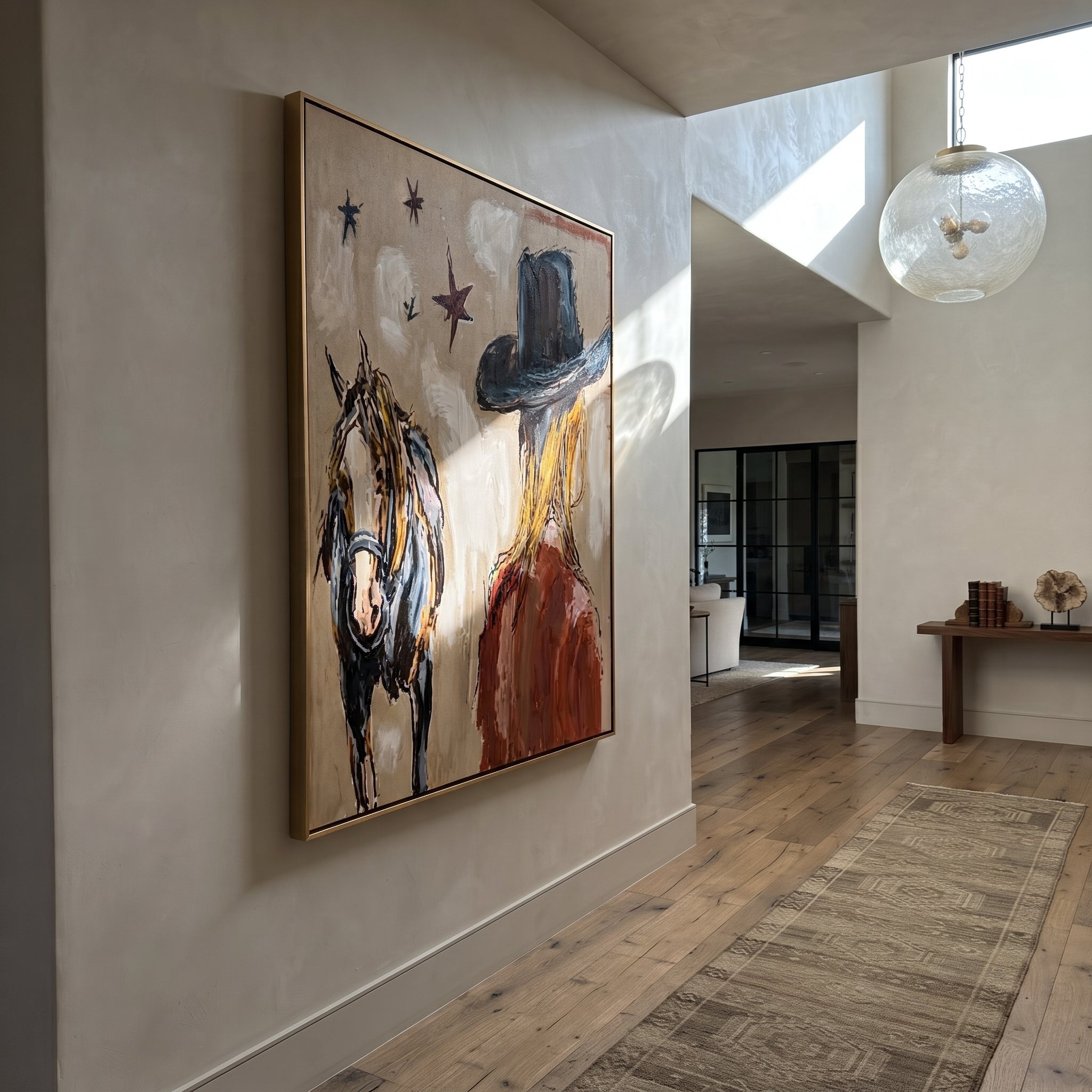 Black Brim Shelters Trust - cowgirl horse closeup painting by Ethan Mercer, contemporary Western vertical wall art – styled room scene view 5