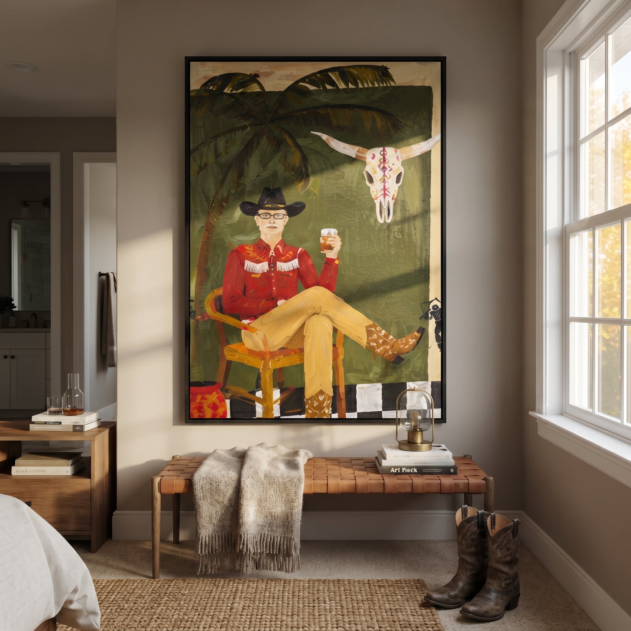 Palm Shade Frames Music - cowboy interior portrait painting by Ethan Mercer, contemporary Western vertical wall art – styled room scene view 1