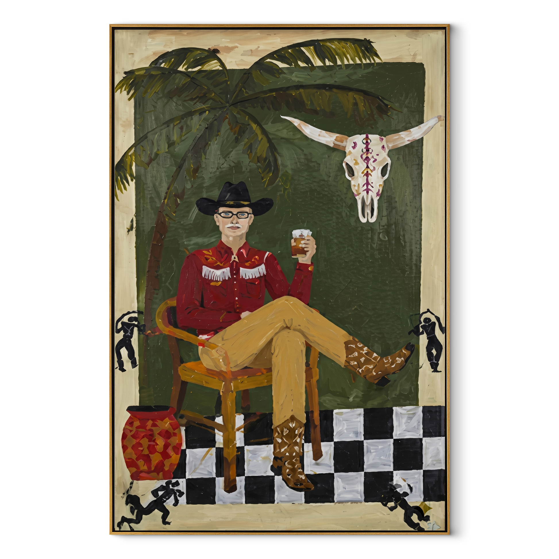 Palm Shade Frames Music - cowboy interior portrait painting by Ethan Mercer, contemporary Western vertical wall art – wood frame on white background