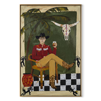 Palm Shade Frames Music - cowboy interior portrait painting by Ethan Mercer, contemporary Western vertical wall art – wood frame on white background