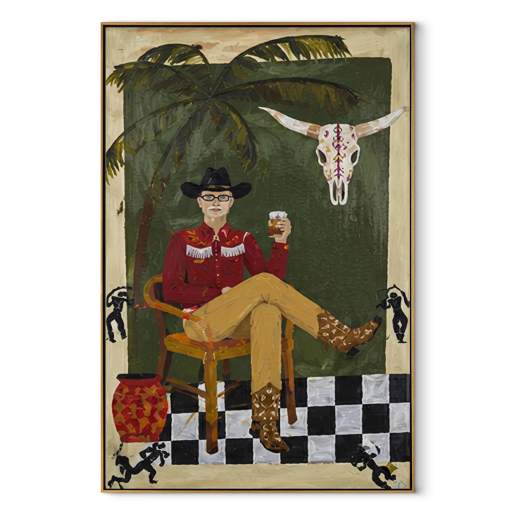 Palm Shade Frames Music - cowboy interior portrait painting by Ethan Mercer, contemporary Western vertical wall art – wood frame on white background