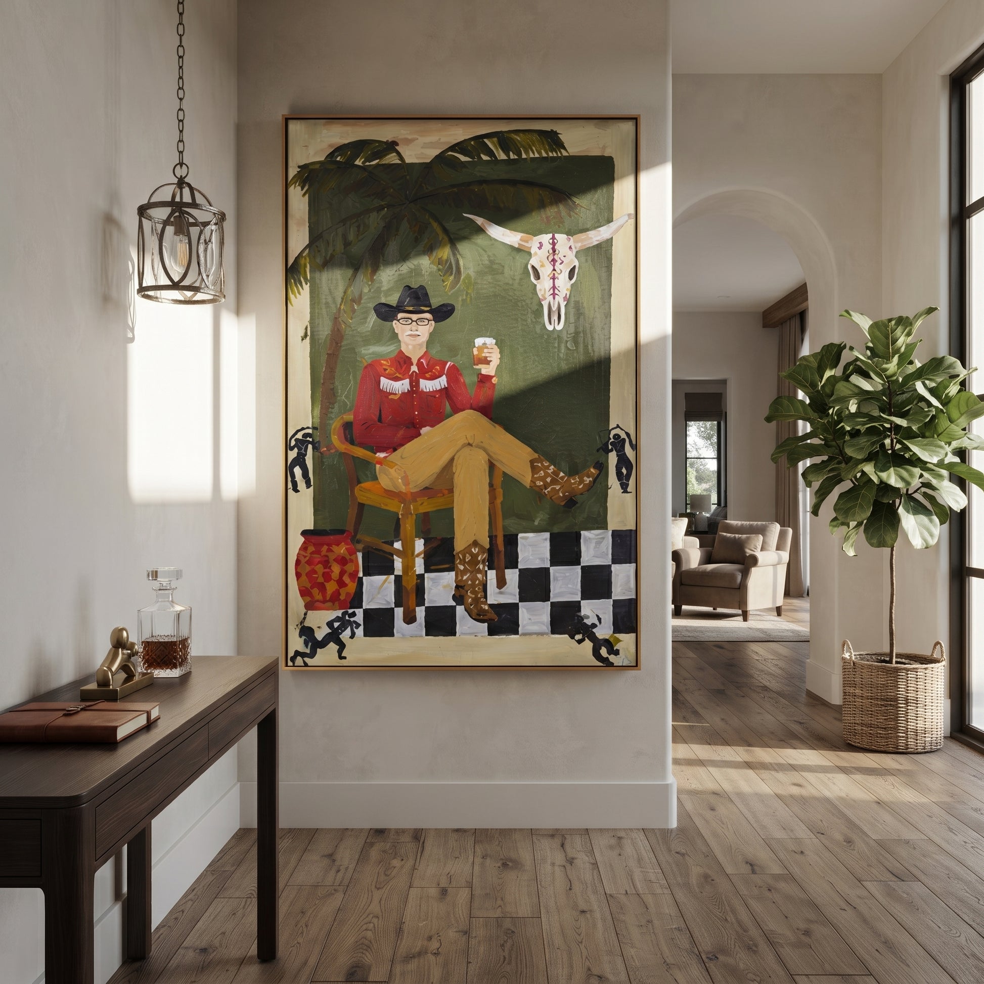 Palm Shade Frames Music - cowboy interior portrait painting by Ethan Mercer, contemporary Western vertical wall art – styled room scene view 2