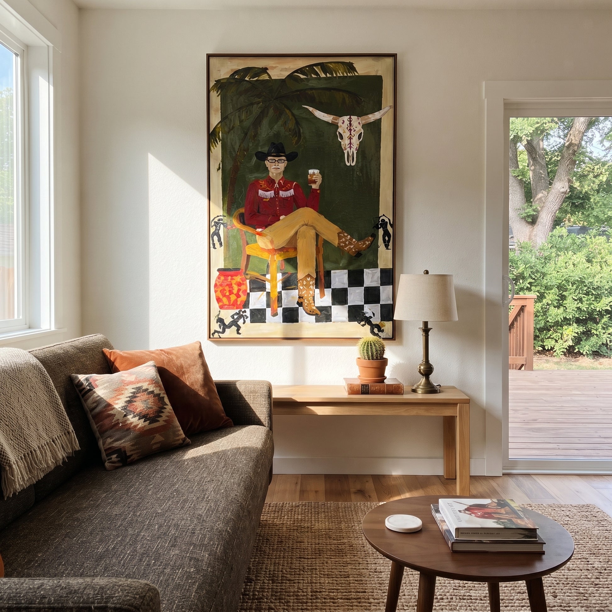 Palm Shade Frames Music - cowboy interior portrait painting by Ethan Mercer, contemporary Western vertical wall art – styled room scene view 3