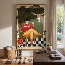 Palm Shade Frames Music - cowboy interior portrait painting by Ethan Mercer, contemporary Western vertical wall art – styled room scene view 4