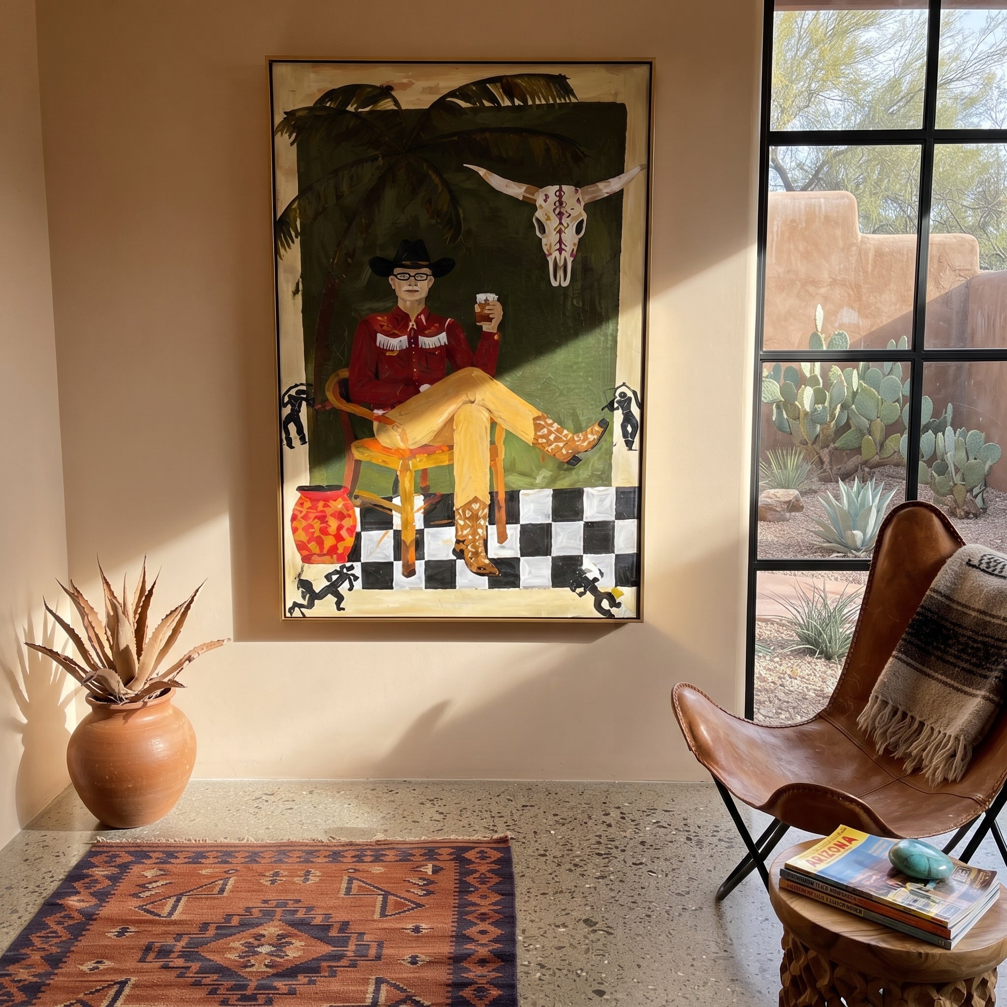 Palm Shade Frames Music - cowboy interior portrait painting by Ethan Mercer, contemporary Western vertical wall art – styled room scene view 5