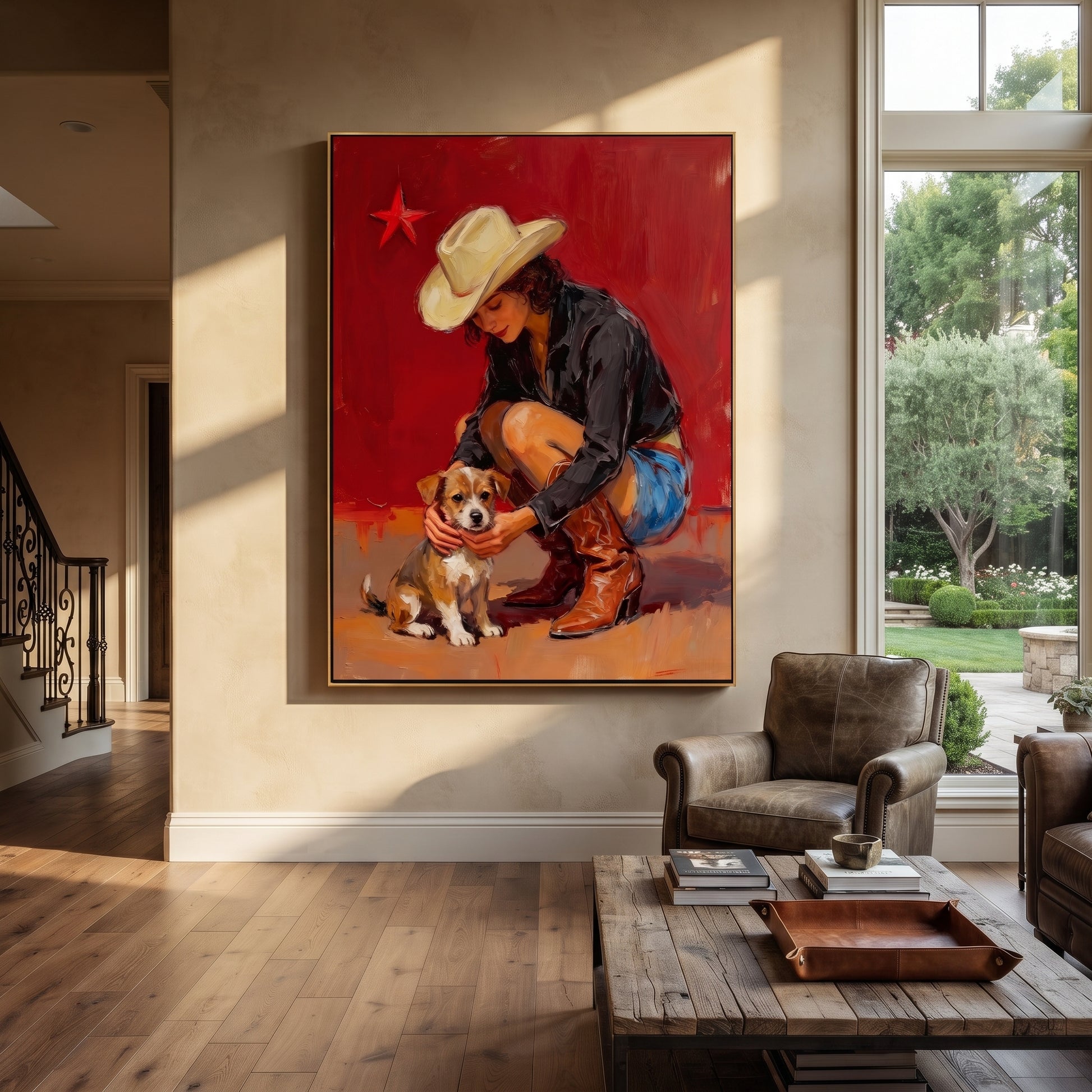 Small Dog Finds Shelter - cowgirl hugging dog painting by Ethan Mercer, contemporary Western vertical wall art – styled room scene view 1