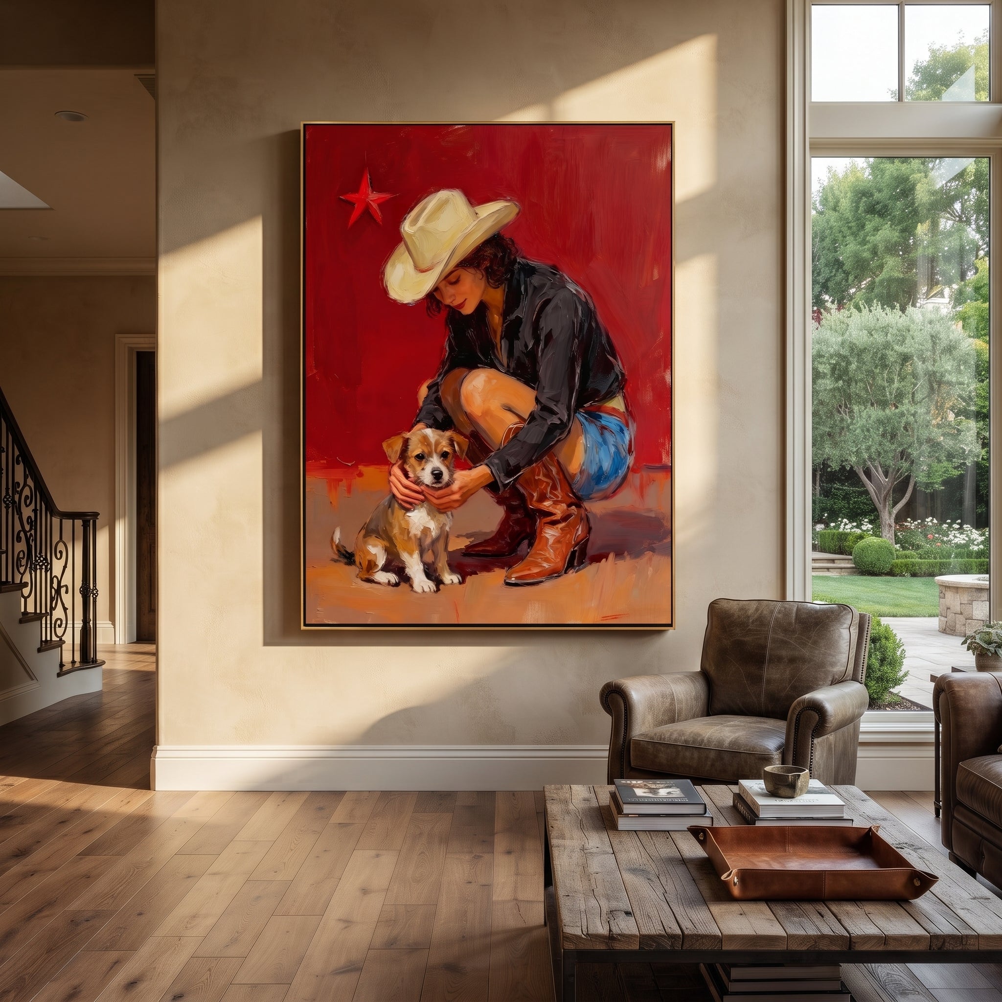 Small Dog Finds Shelter - cowgirl hugging dog painting by Ethan Mercer, contemporary Western vertical wall art – styled room scene view 1
