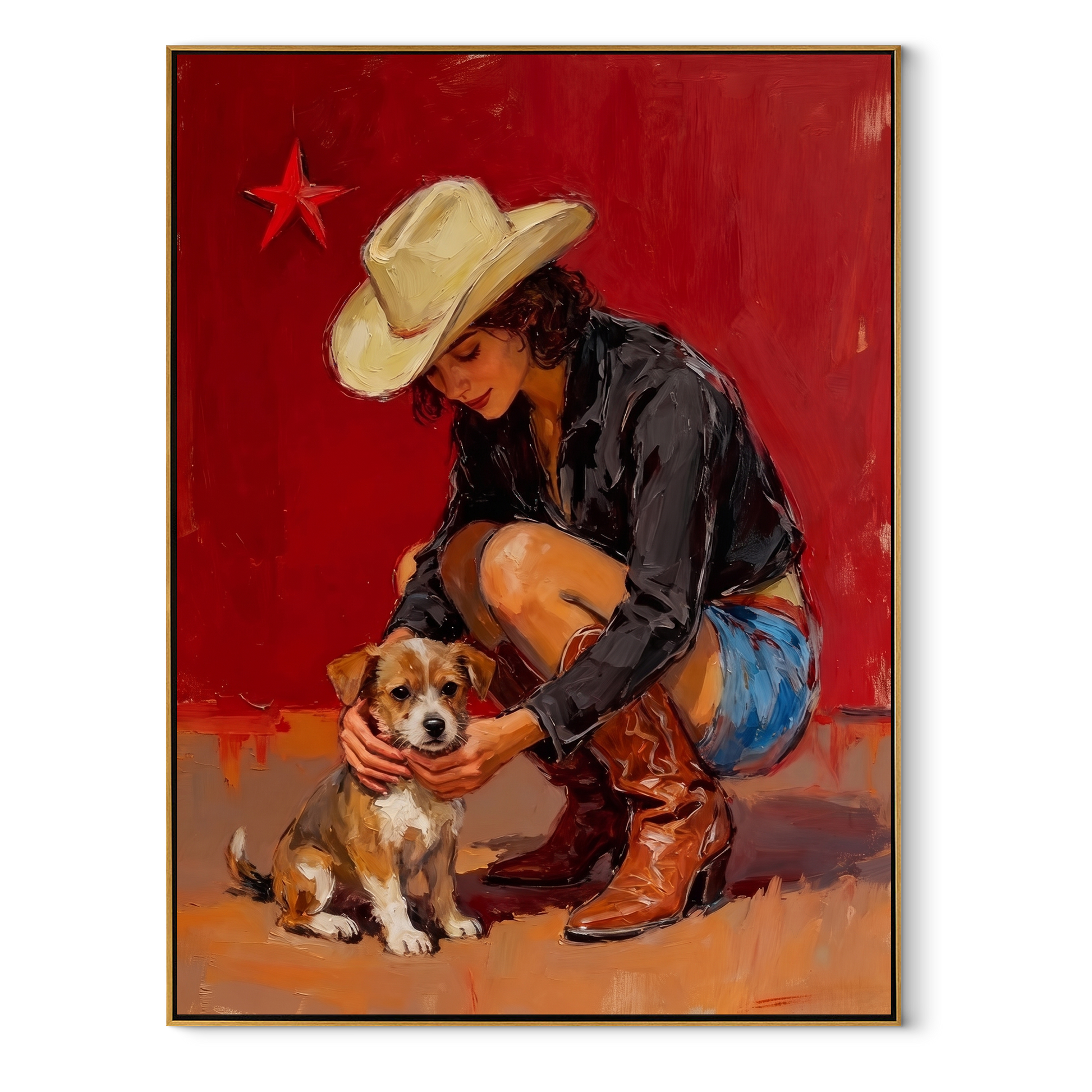 Small Dog Finds Shelter - cowgirl hugging dog painting by Ethan Mercer, contemporary Western vertical wall art – wood frame on white background