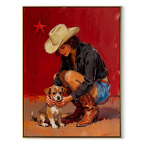 Small Dog Finds Shelter - cowgirl hugging dog painting by Ethan Mercer, contemporary Western vertical wall art – wood frame on white background