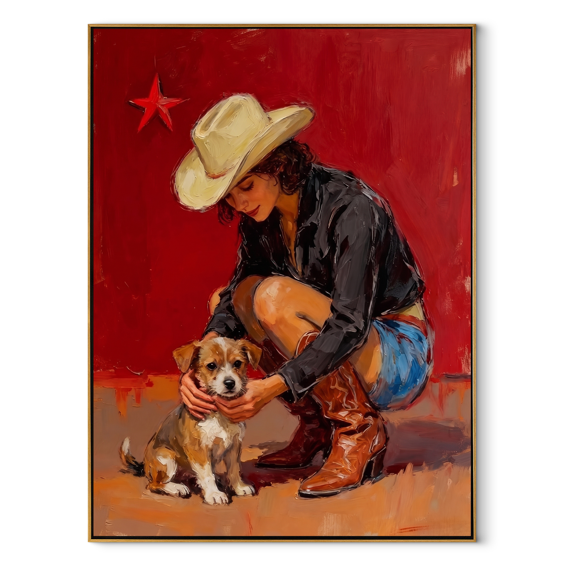 Small Dog Finds Shelter - cowgirl hugging dog painting by Ethan Mercer, contemporary Western vertical wall art – wood frame on white background