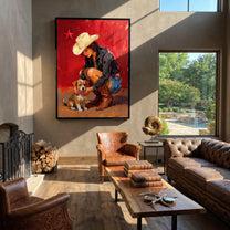 Small Dog Finds Shelter - cowgirl hugging dog painting by Ethan Mercer, contemporary Western vertical wall art – styled room scene view 2