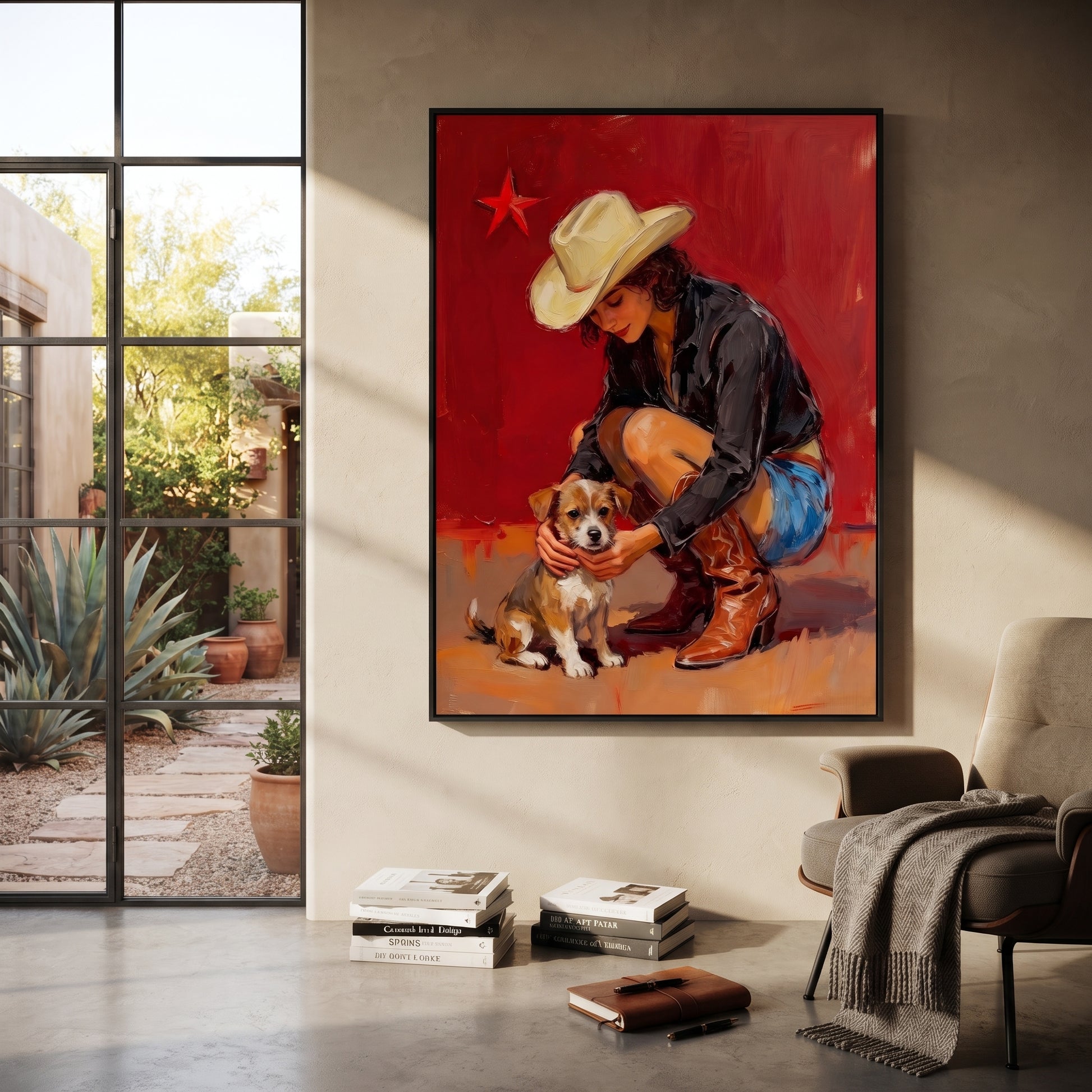 Small Dog Finds Shelter - cowgirl hugging dog painting by Ethan Mercer, contemporary Western vertical wall art – styled room scene view 3