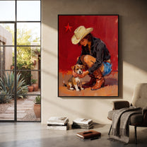 Small Dog Finds Shelter - cowgirl hugging dog painting by Ethan Mercer, contemporary Western vertical wall art – styled room scene view 3