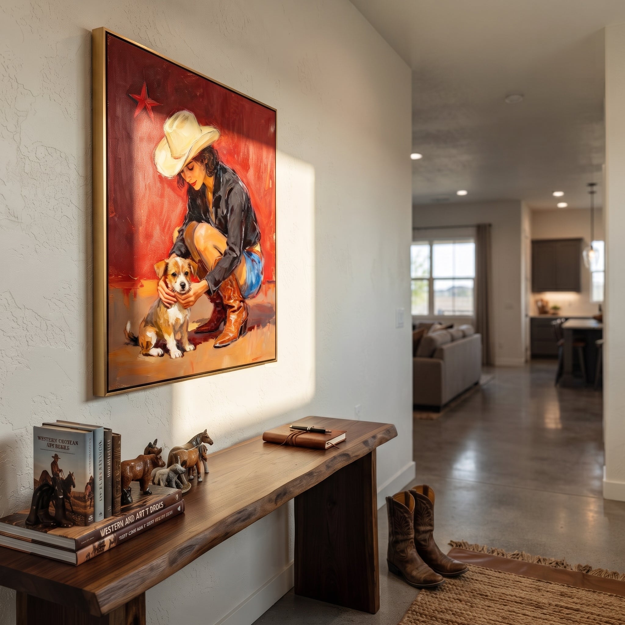 Small Dog Finds Shelter - cowgirl hugging dog painting by Ethan Mercer, contemporary Western vertical wall art – styled room scene view 4