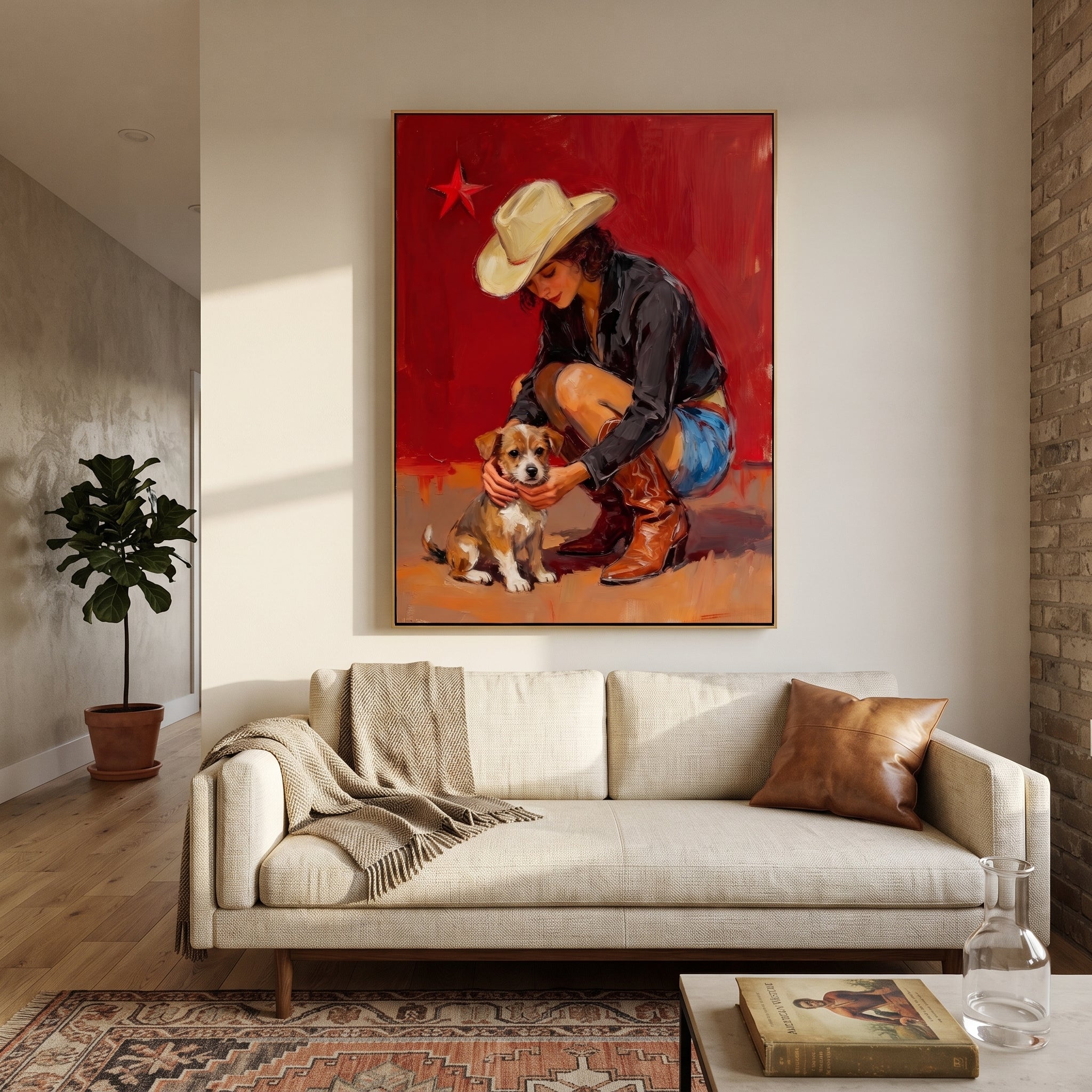 Small Dog Finds Shelter - cowgirl hugging dog painting by Ethan Mercer, contemporary Western vertical wall art – styled room scene view 5