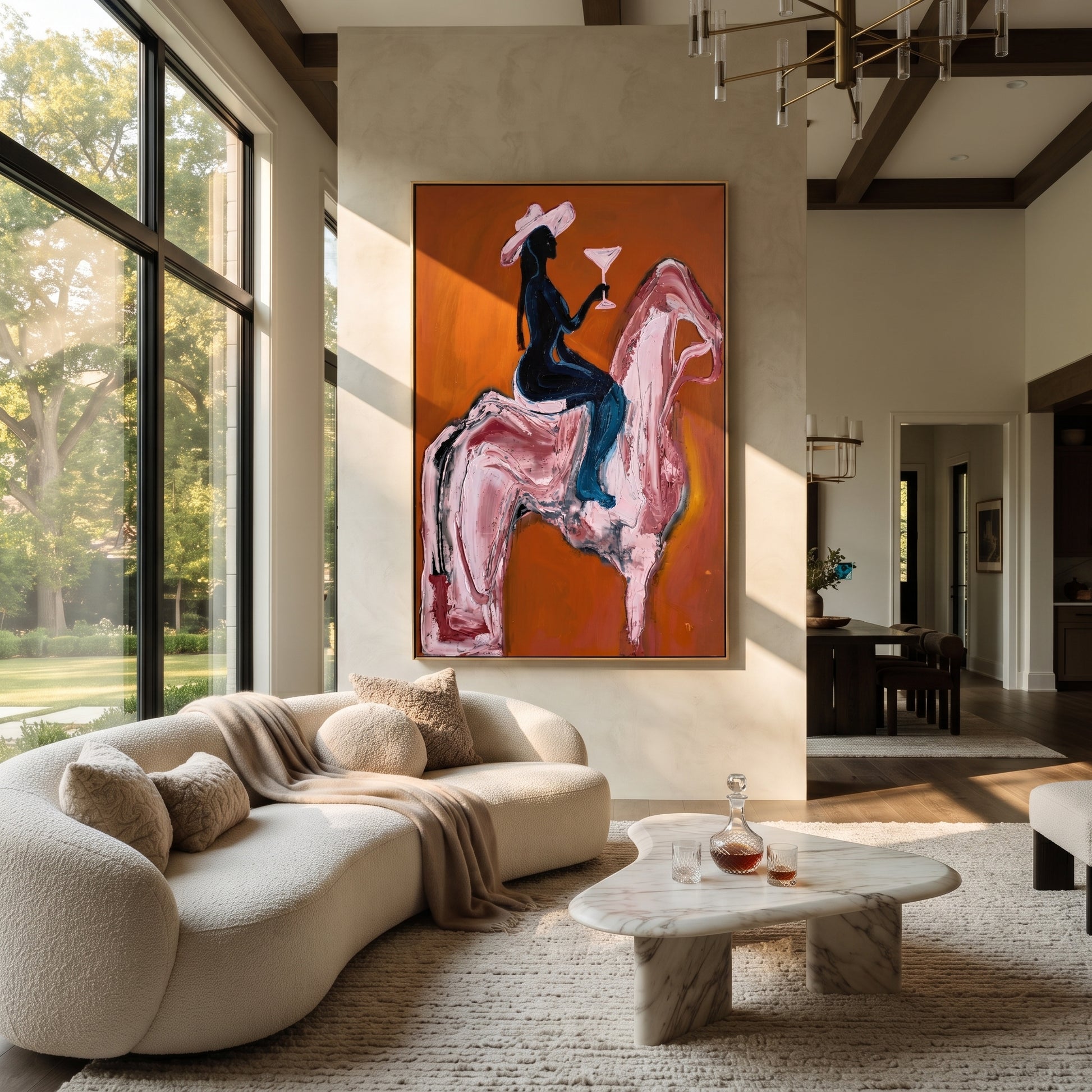 Pink Horse Carries Toast - cowgirl cocktail horse painting by Ethan Mercer, contemporary Western vertical wall art – styled room scene view 1